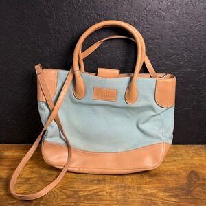 Etienne Aigner Canvas Leather Trim Tote Bag Light Blue Tan Shoulder Strap